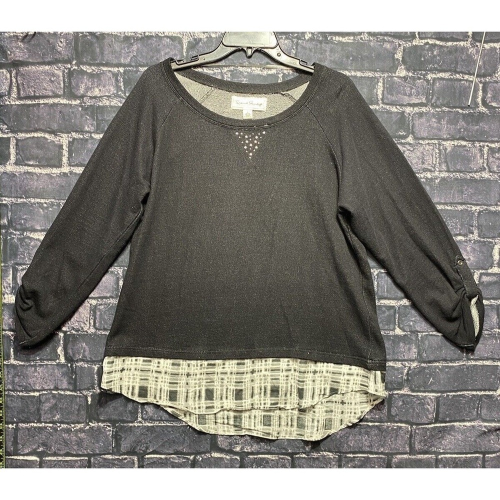 French Laundry Top Women Large Black Layered Plaid Hem Rhinestone Roll Tab